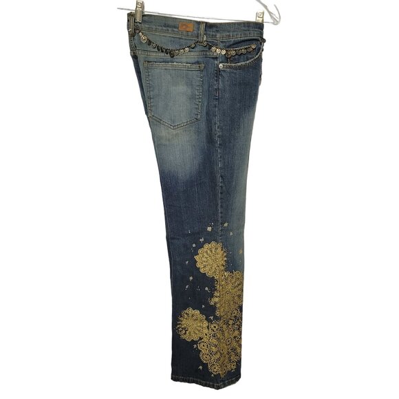DKNY NWT Size 12 Jeans Denim Gold Glitter So Low Lita Chain Belt Boot Distressed - Picture 4 of 16